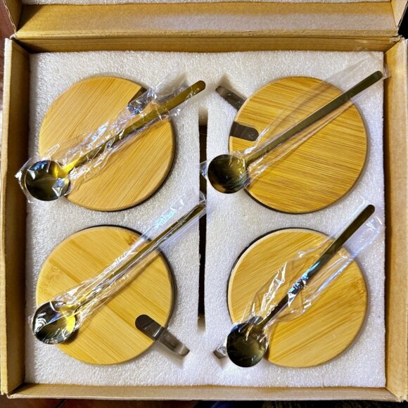 Today's Present 4pcs Vintage Glass Mugs With Bamboo Lids and Spoons - Picture 4 of 7